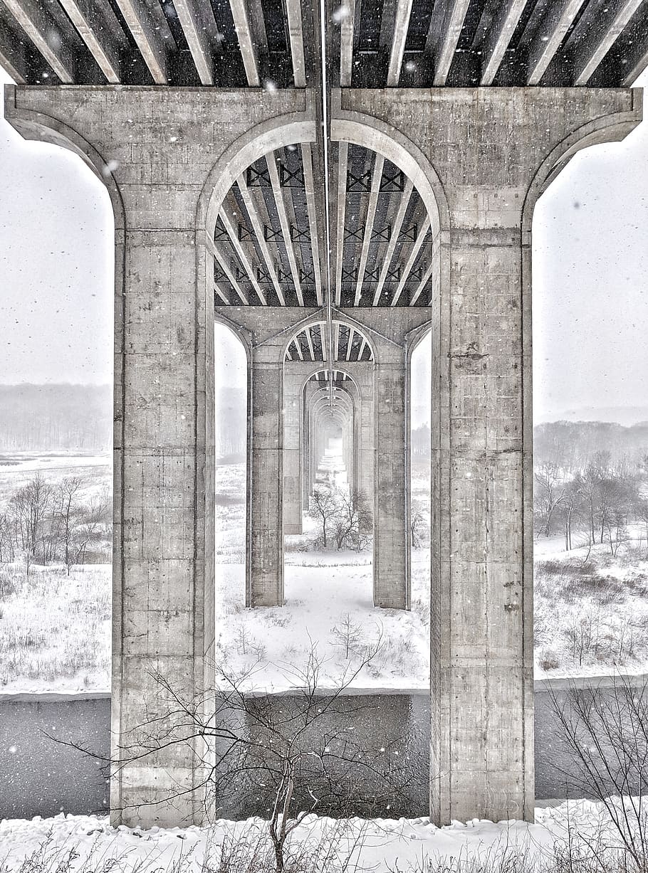 gray concrete bridge with snow, water, architecture, building, HD wallpaper