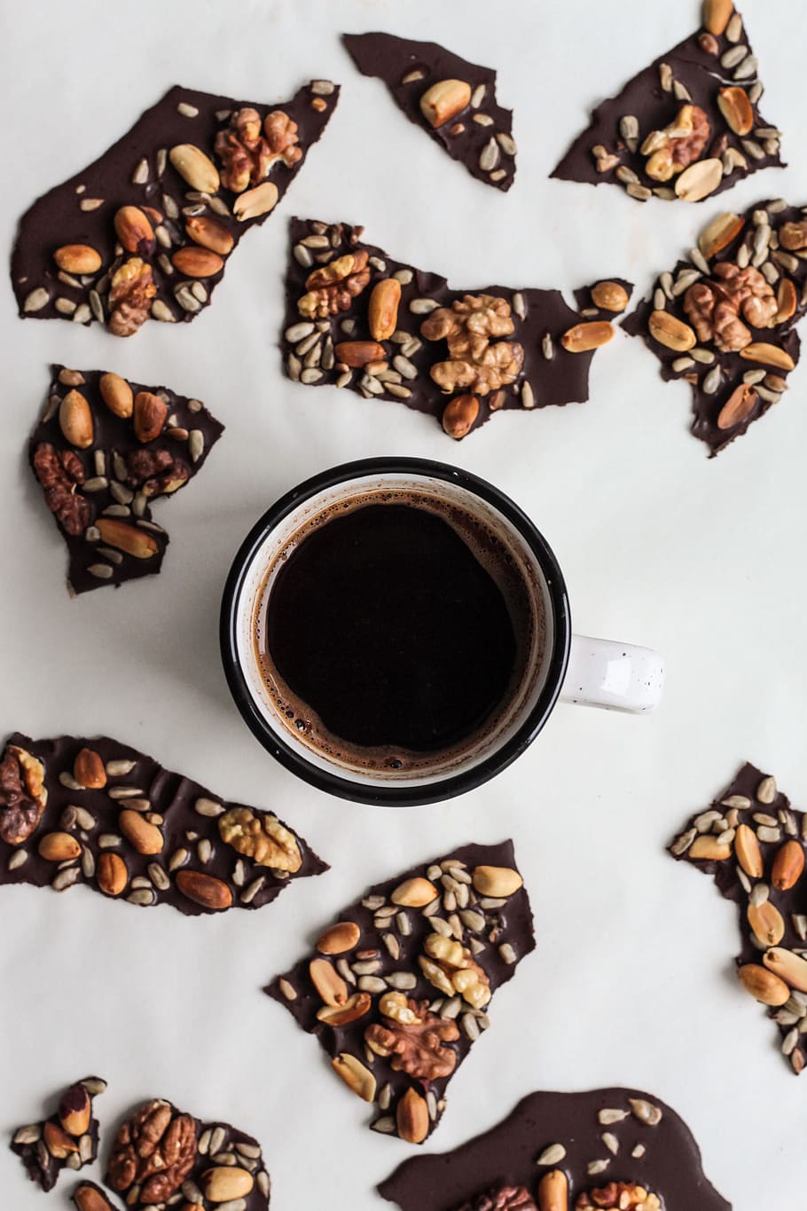 coffee on cup beside chocolates, drink, nuts, beverage, flat lay HD wallpaper