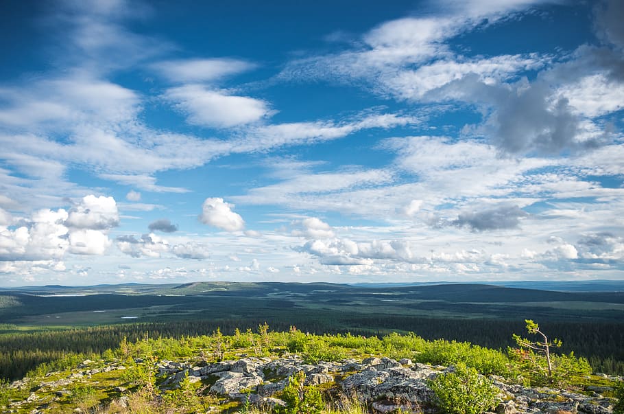 sky, space, clouds, landscape, trees, forest, hills, view, wide HD wallpaper