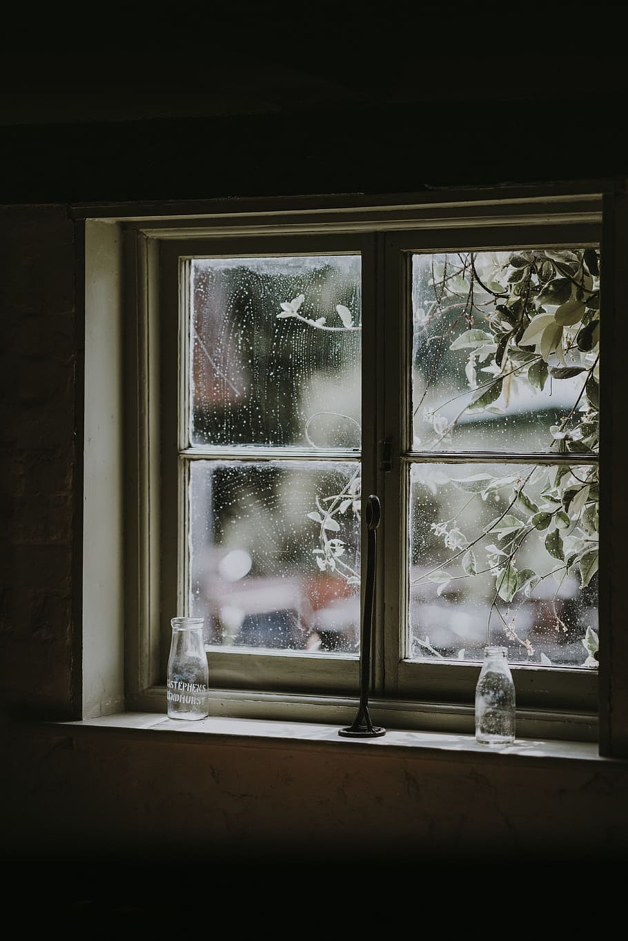 two milk glasses placed near window, frame, shadow, bottle, pane HD wallpaper
