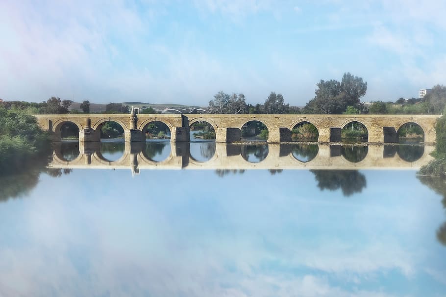 bridge, reflection, river, romantic, landscape, water, sky HD wallpaper