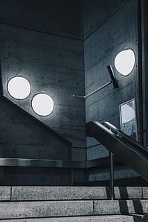 empty stairs, banister, handrail, lighting, station de la savane HD wallpaper