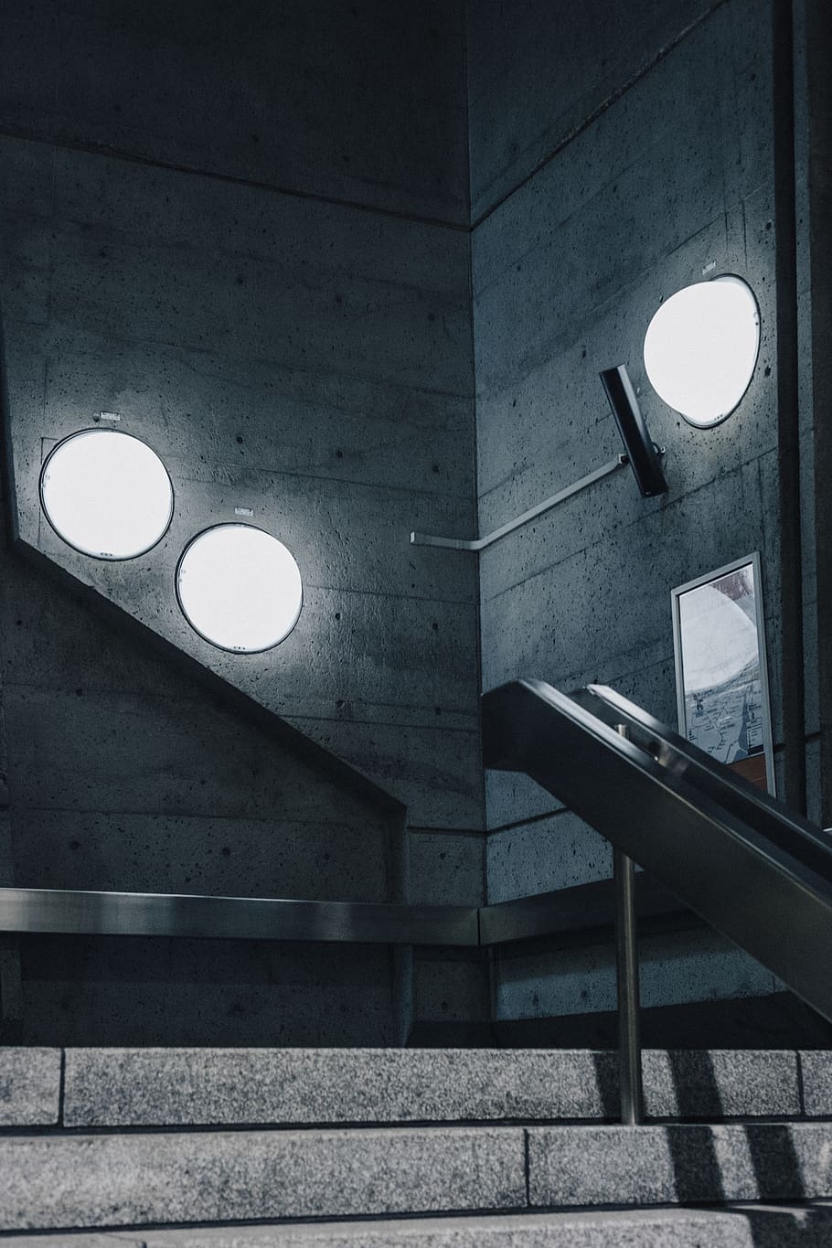 empty stairs, banister, handrail, lighting, station de la savane HD wallpaper