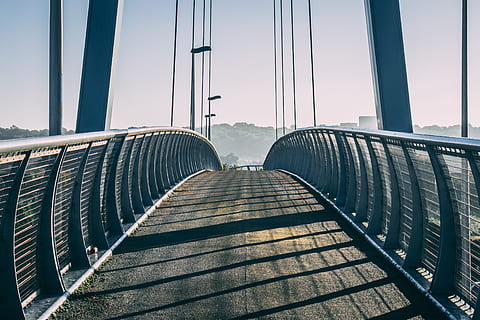 bridge, metal, morning, path, footpath, curve, symmetry, moss HD wallpaper