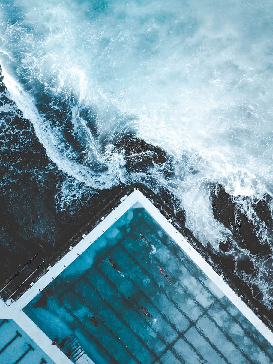 aerial view of ocean beside dock, coast, beach, wave, water, blue HD wallpaper