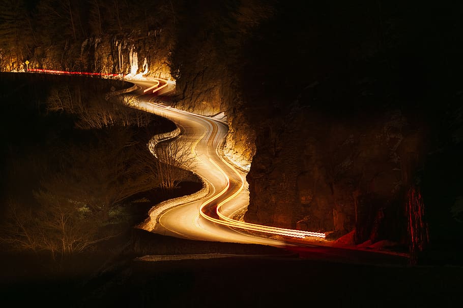 lighted road at night, nature, flare, outdoors, painting, art HD wallpaper