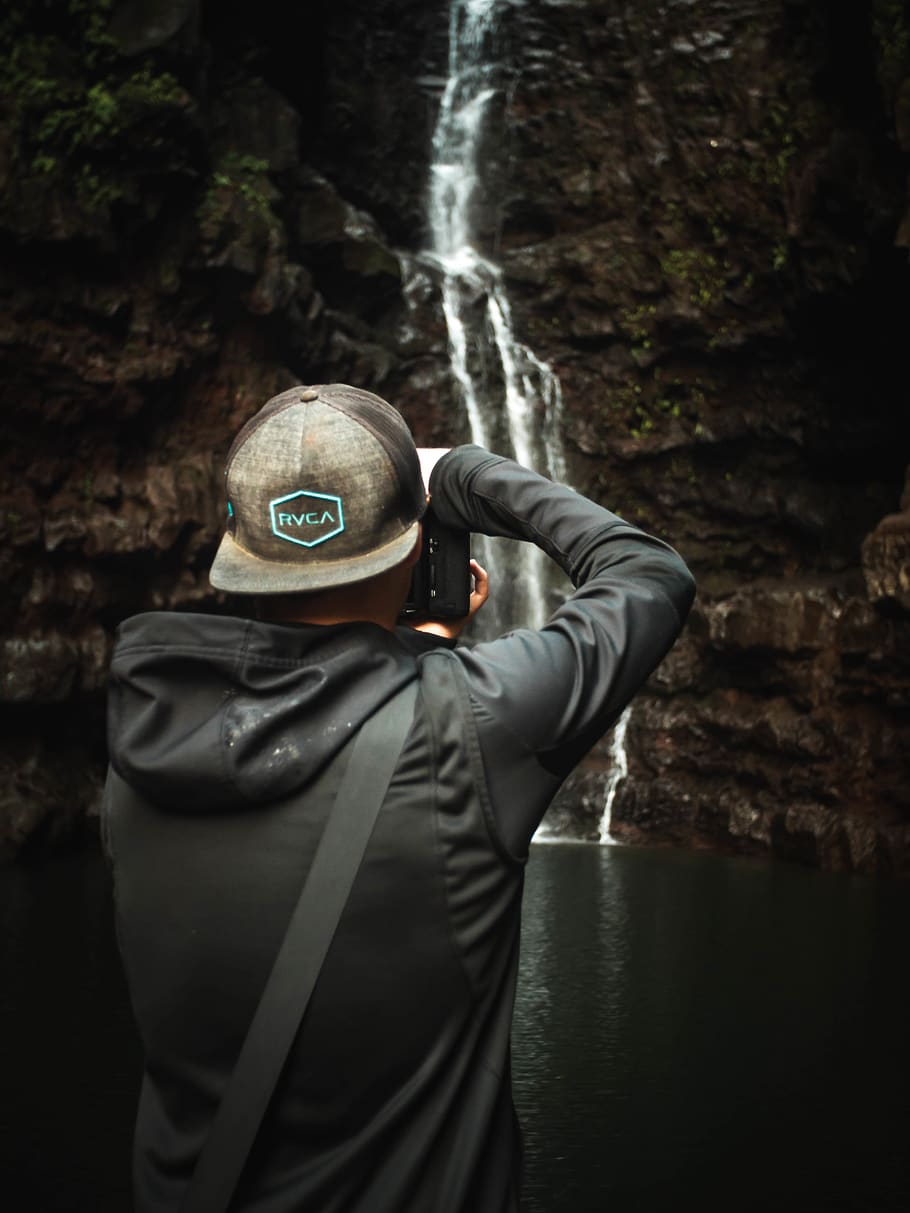 man taking photo of waterfalls, photographing, one person, activity, HD wallpaper