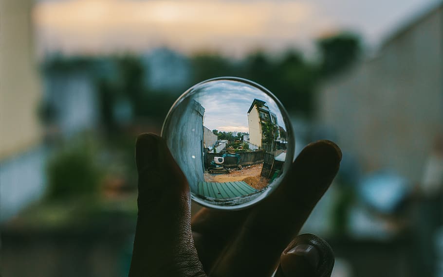 Clear Sphere Crystal, ball, blur, daylight, hand, man, reflection HD wallpaper