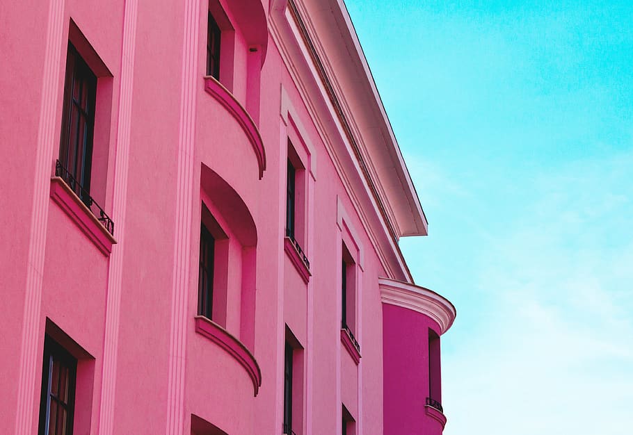 Pink Concrete Building, architecture, exterior, facade, windows HD wallpaper