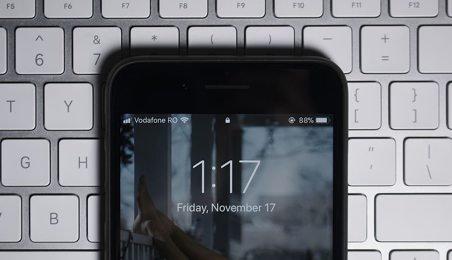 black iPhone on gray computer keyboard, technology, communication HD wallpaper