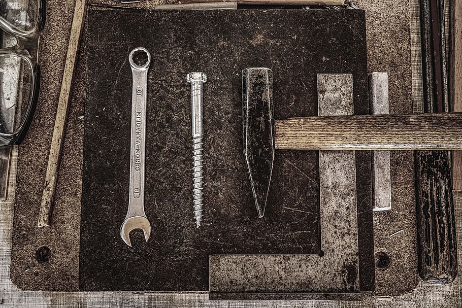 Combination Wrench, Screw Bolt, and Pointed-top Hammer, background HD wallpaper
