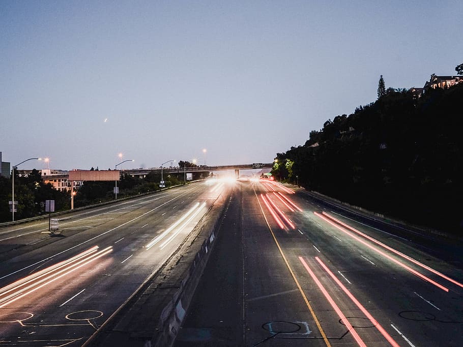 highway, driving, traffic, lights, road, illuminated, transportation HD wallpaper