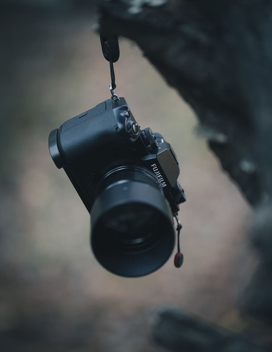 Selective Focus Photography Of Fujifilm Camera, electronics, hanging HD wallpaper