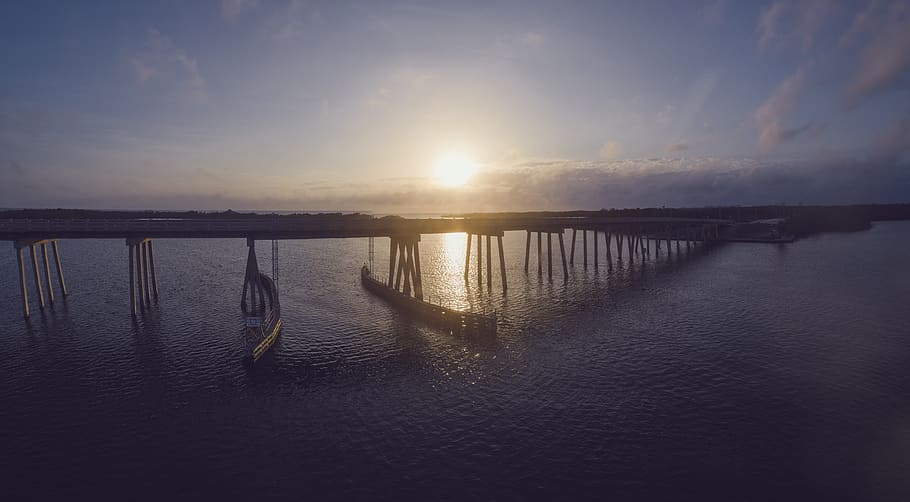 Gray Bridge, beach, clouds, dawn, dock, evening, jetty, landscape HD wallpaper