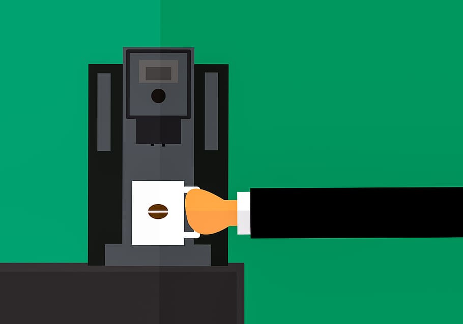Illustration of arm reaching into office coffee maker., machine HD wallpaper