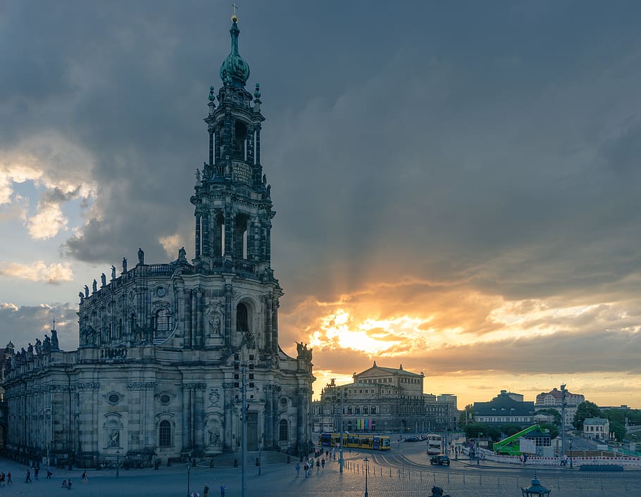 old, opera, summer, city, sunset, godray, dresden, architecture