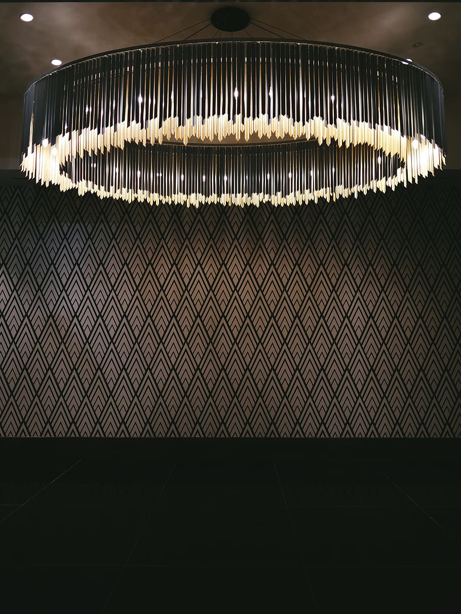 turned-on gray chandelier, indoors, pattern, no people, metal HD wallpaper
