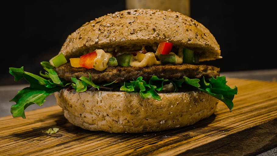burger on brown board, food, seasoning, plant, sesame, produce