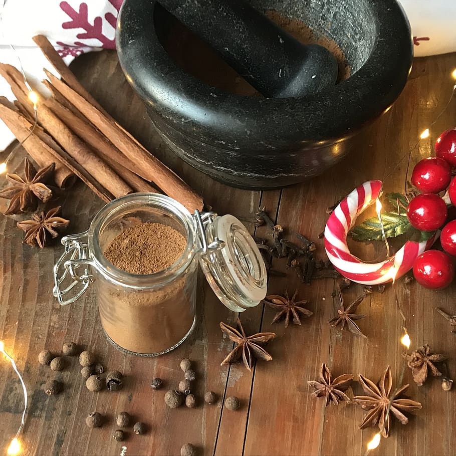spice, allspice, anise, cinnamon, cane walking stick, mortar HD wallpaper