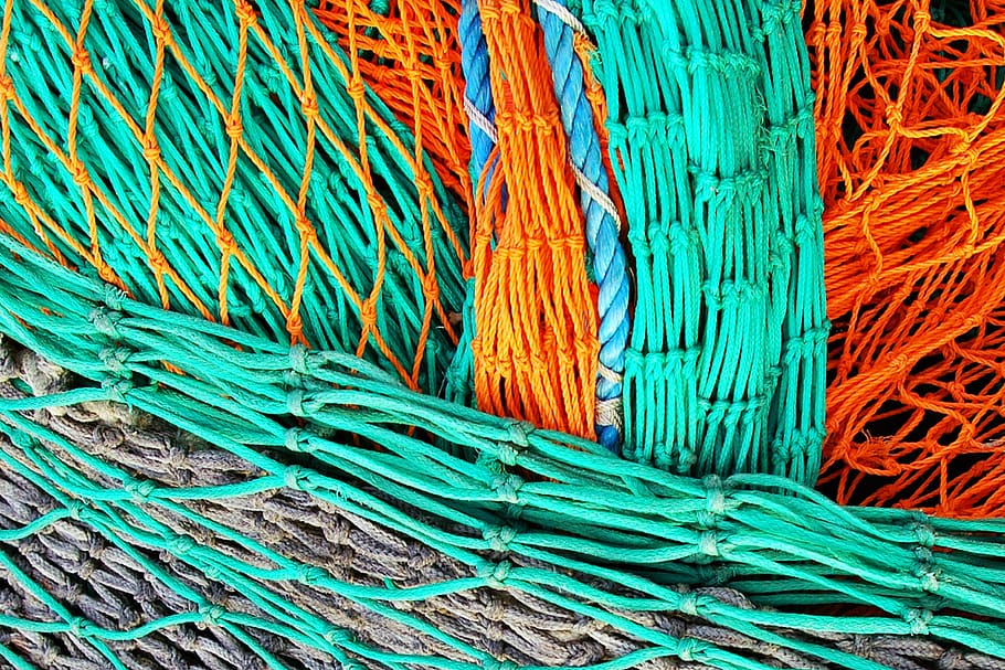 HD wallpaper: teal and orange ropes, green color, fishing net, no people, c...