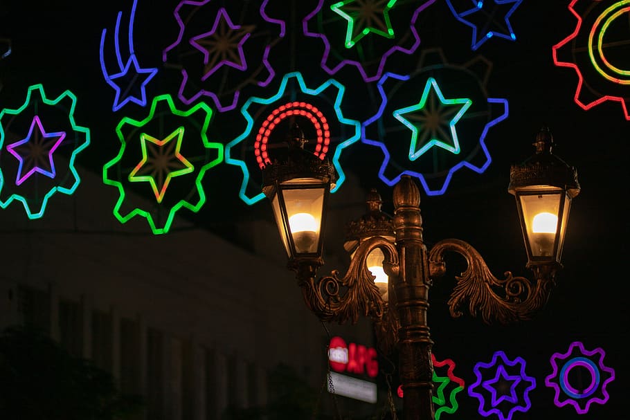 turned-on brass-colored light post, lamp, lighting, neon, street photography HD wallpaper