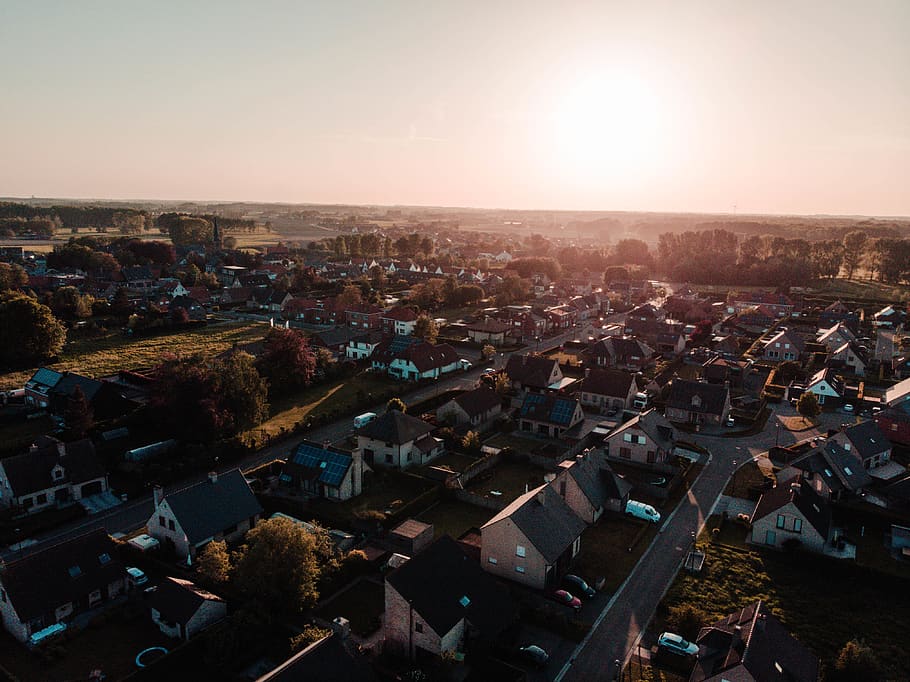 trees, forest, town, spring, drone, building exterior, architecture HD wallpaper