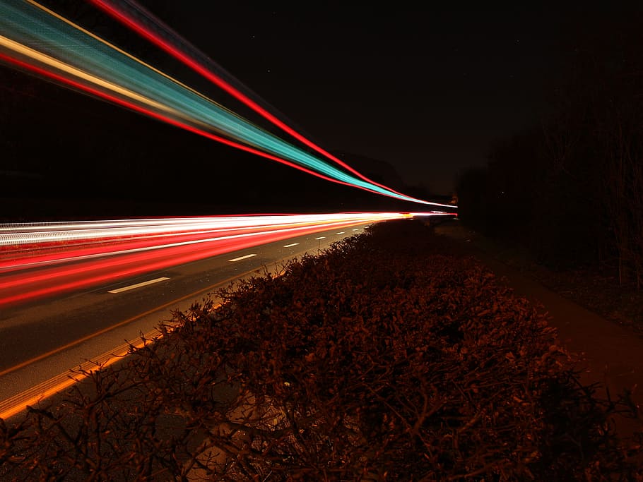 multicolored light streak at night, road, perspective, road trip HD wallpaper