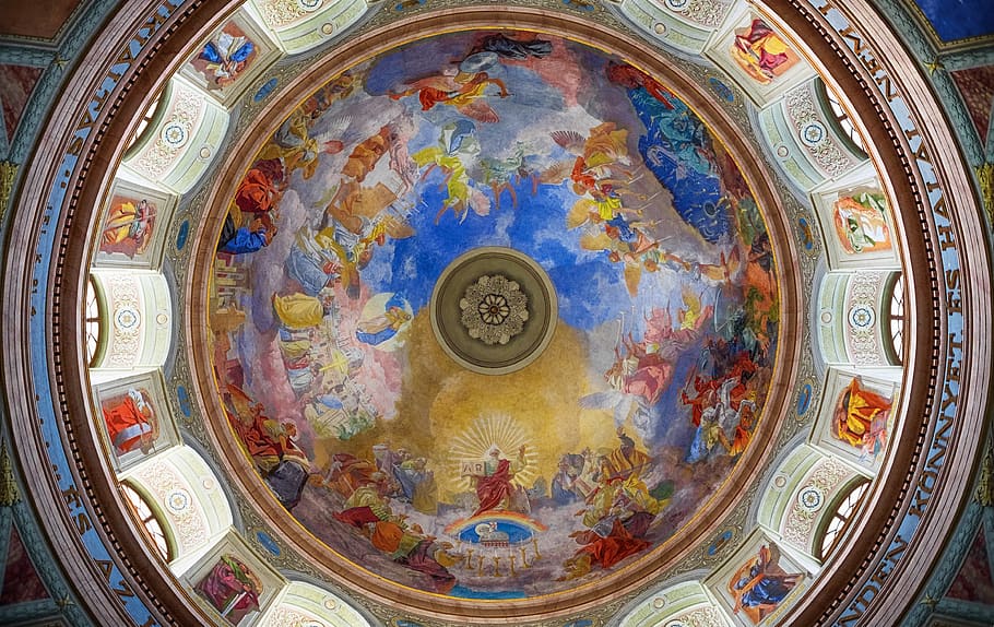 blue and red dome, religion, architecture, ceiling, spirituality HD wallpaper