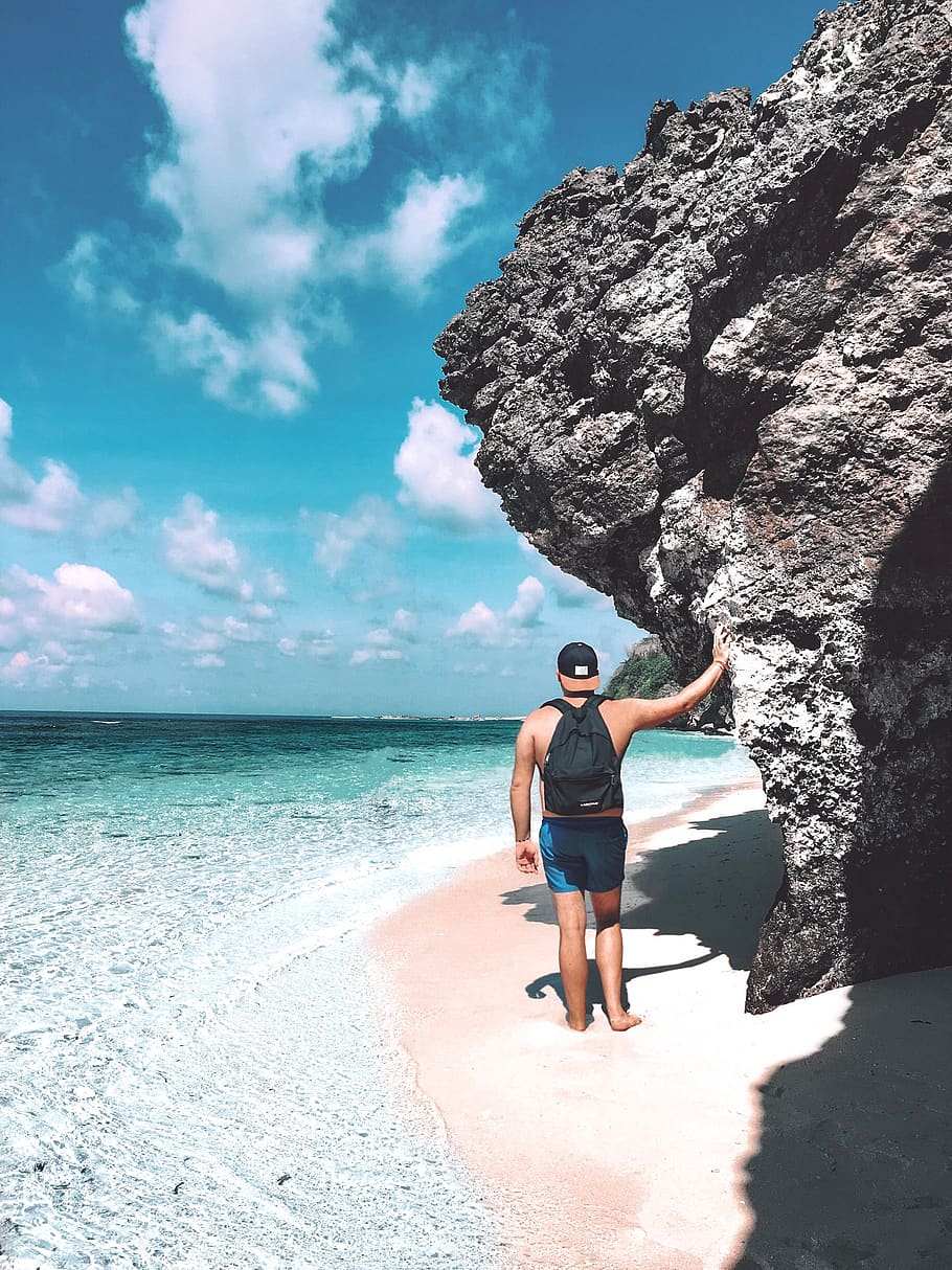 Man Wearing Black Backpack Standing Seashore, beach, daylight HD wallpaper
