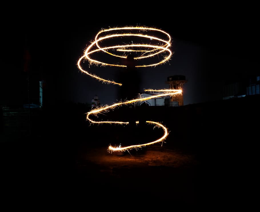 lighted red string lights, motion, illuminated, night, long exposure HD wallpaper