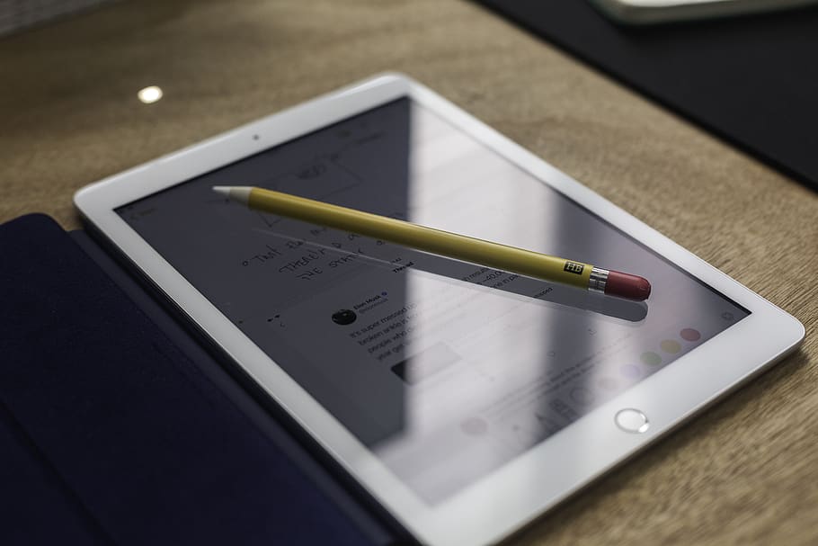 yellow pencil on white iPad, lima, cell phone, mobile phone, electronics, HD wallpaper