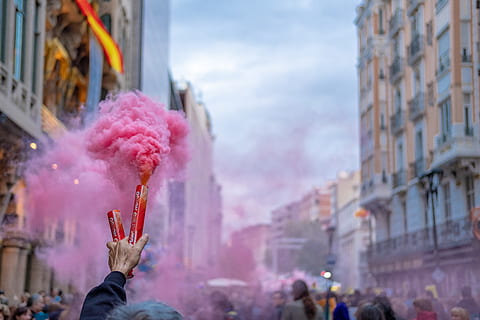 person holding pink smoke, protest, manifestation, crowd, street HD wallpaper