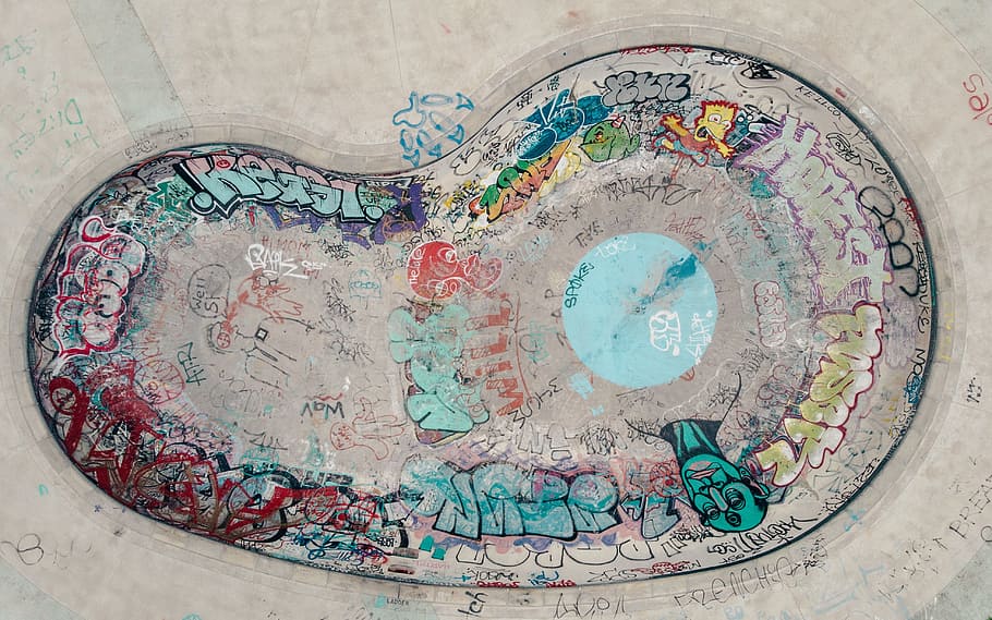 Aerial view of a an empty skateboarding pool colorful graffiti