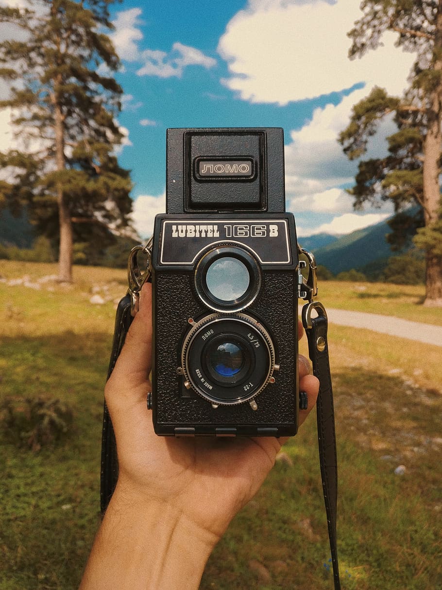 black Lubitel 1CCB camera, electronics, person, human, tree, plant HD wallpaper