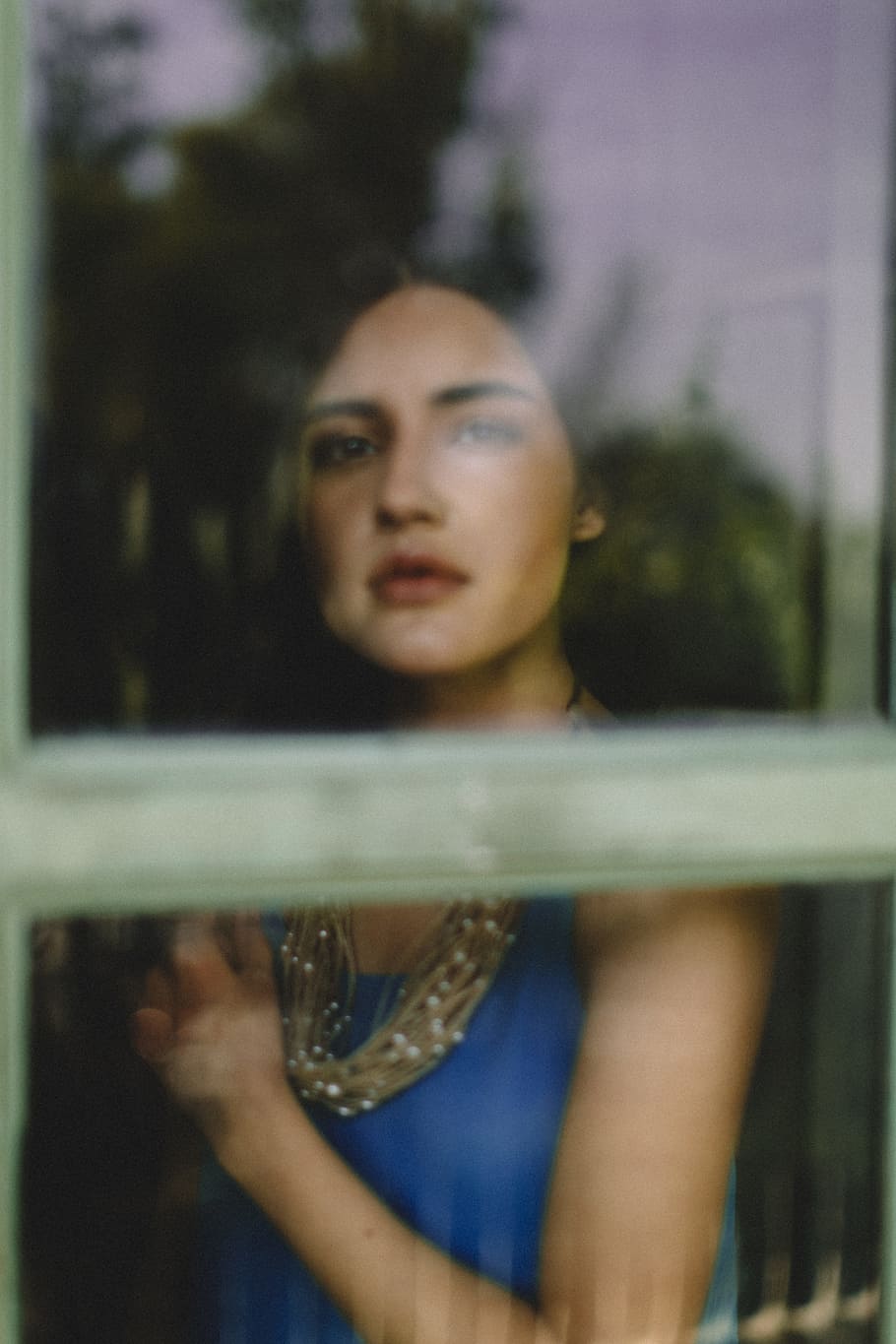 woman wearing blue tank top, female, window, reflection, frame HD wallpaper