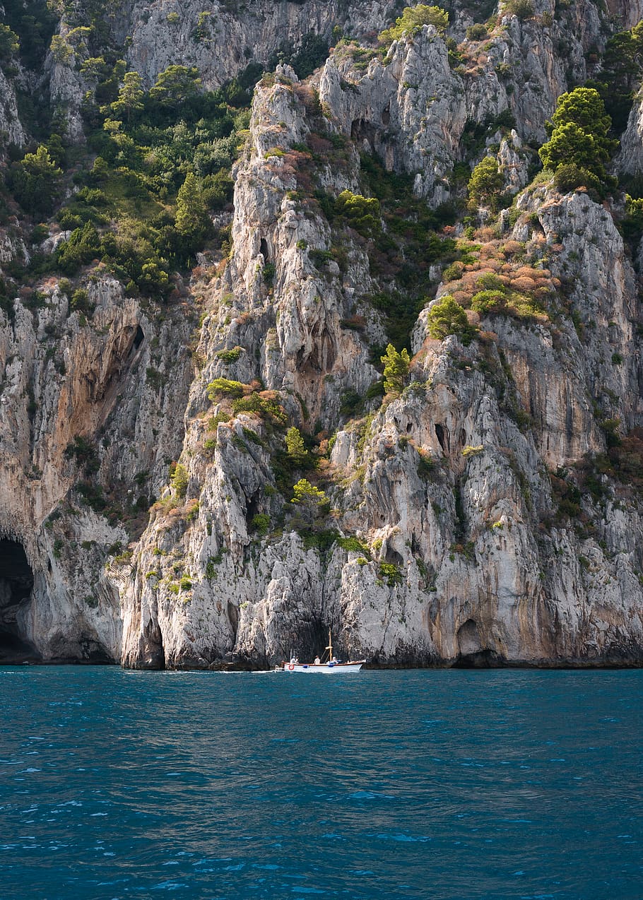 boat near boulder, cliff, nature, outdoors, water, sea, ocean HD wallpaper