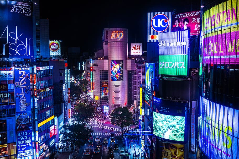 japan, shibuya, night, city, tokyo, illuminated, architecture, HD wallpaper