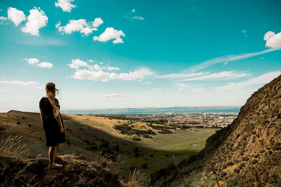 Woman Standing on Mountain Overlooking Plainfield, adventure HD wallpaper