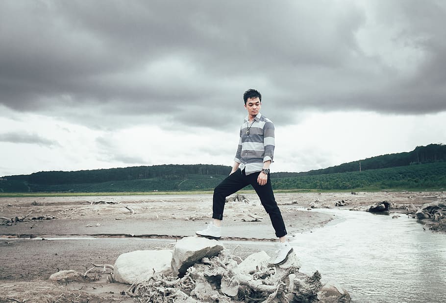 Person Wearing Gray and White Sweater, alone, clouds, daylight HD wallpaper