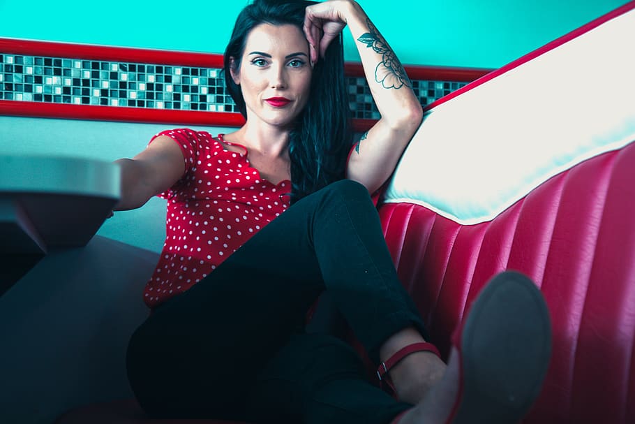 girl, women, pinup, vintage, retro, diner, grease, red, lipstick