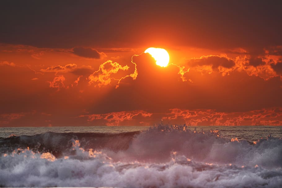 sea, sunset, water, sky, evening, landscape, reflection, mood HD wallpaper