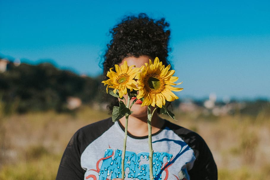 Woman Covering Her Face With Sunflowers, bloom, blooming, blossom HD wallpaper