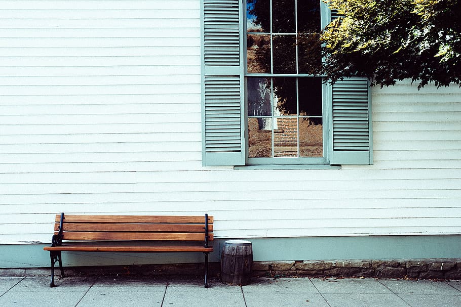 wood, bench, siding, shutters, window, sidewalk, architecture HD wallpaper