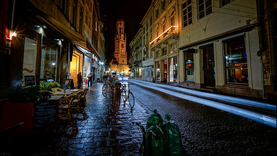 bicycles on road, belgium, bruges, city, urban, street, town HD wallpaper