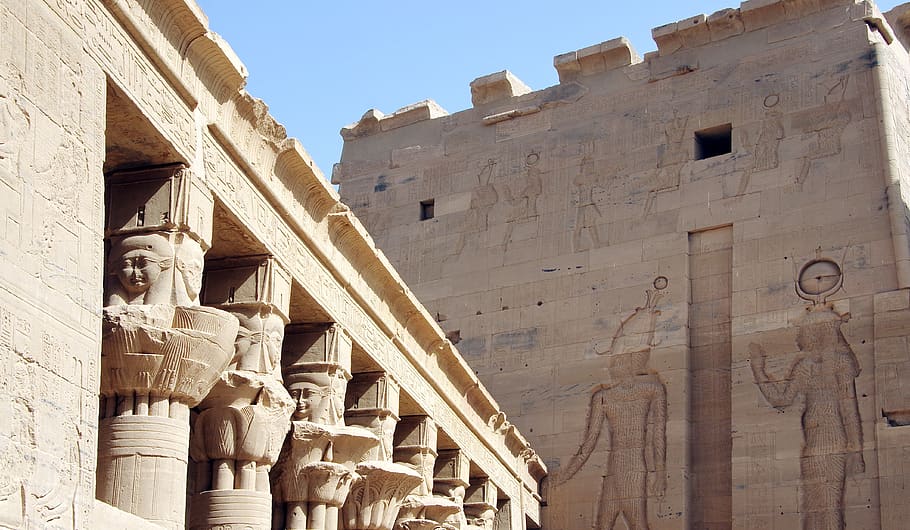 egypt, aswan, philae, temple, column, marquee, sculpture, hathorique HD wallpaper