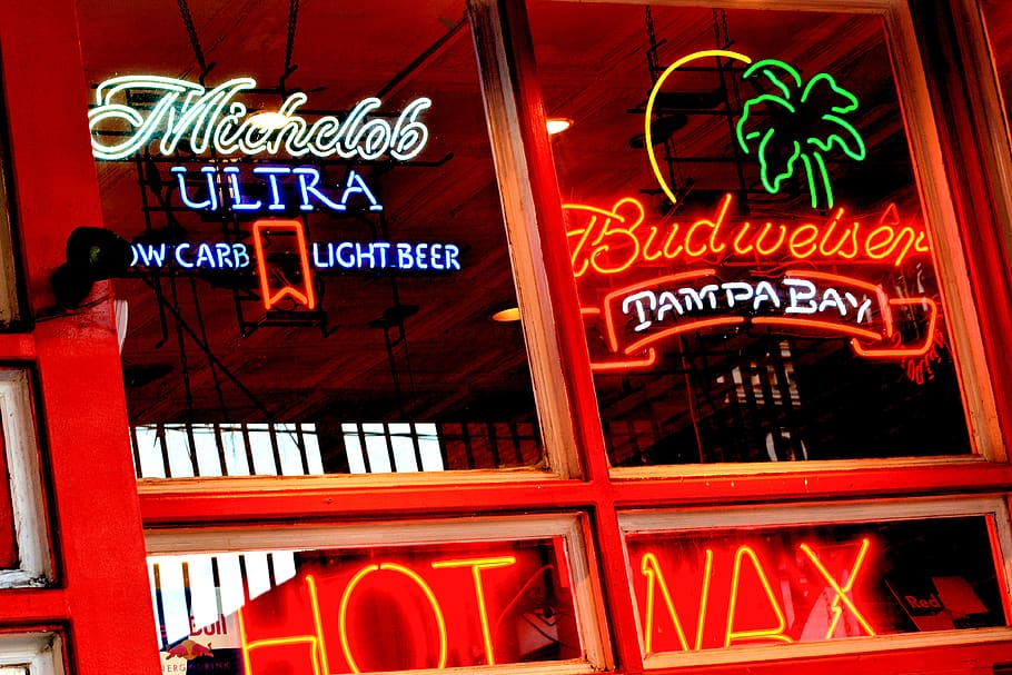 united states, tampa, ybor city, neon, beer signs, text, western script