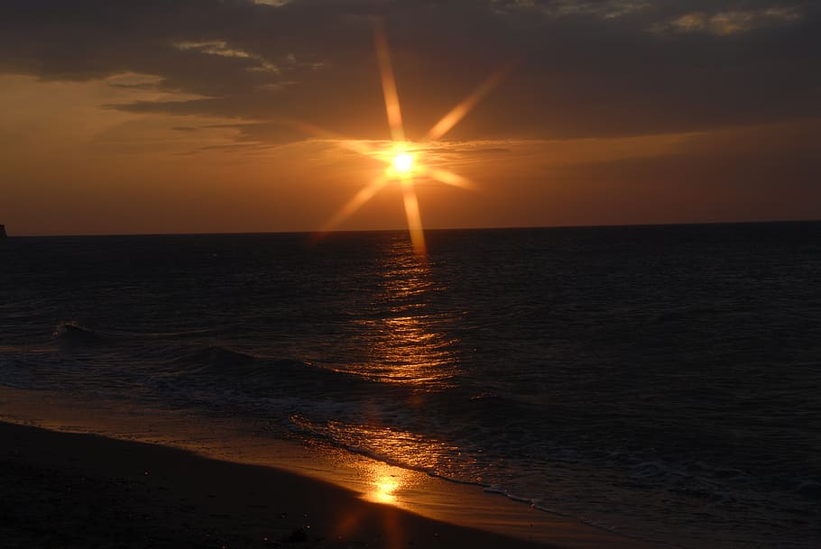 sunset, sea, sky, dusk, beach, mood, water, beauty in nature, HD wallpaper