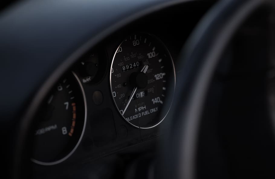 black vehicle speedometer, car, interior, dark, darkness, detail