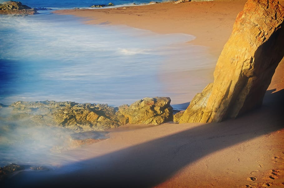 spain, lloret de mar, playa, trace, sand, footprints, foam HD wallpaper