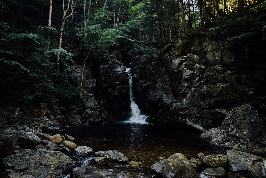 dark, waterfall, nature, river, forest, woods, rock, tree, solid HD wallpaper